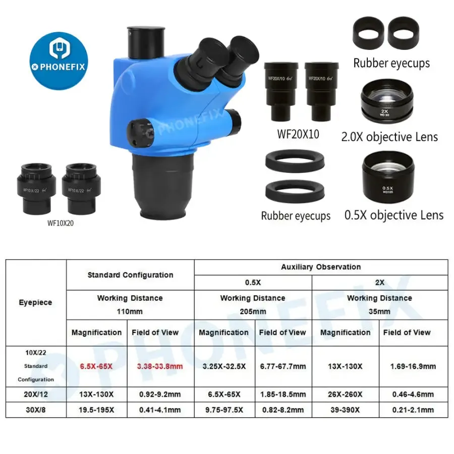 6.5X-65X Trinocular Stereo Zoom Microscope Head 3.25X-130/260X