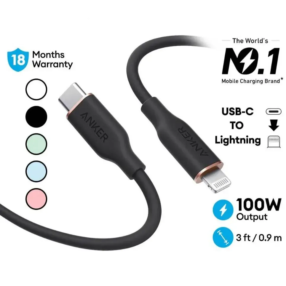 Anker 641 PowerLine III Flow USB C to Lightning Cable 3ft/0.9m 100W Cable A8662