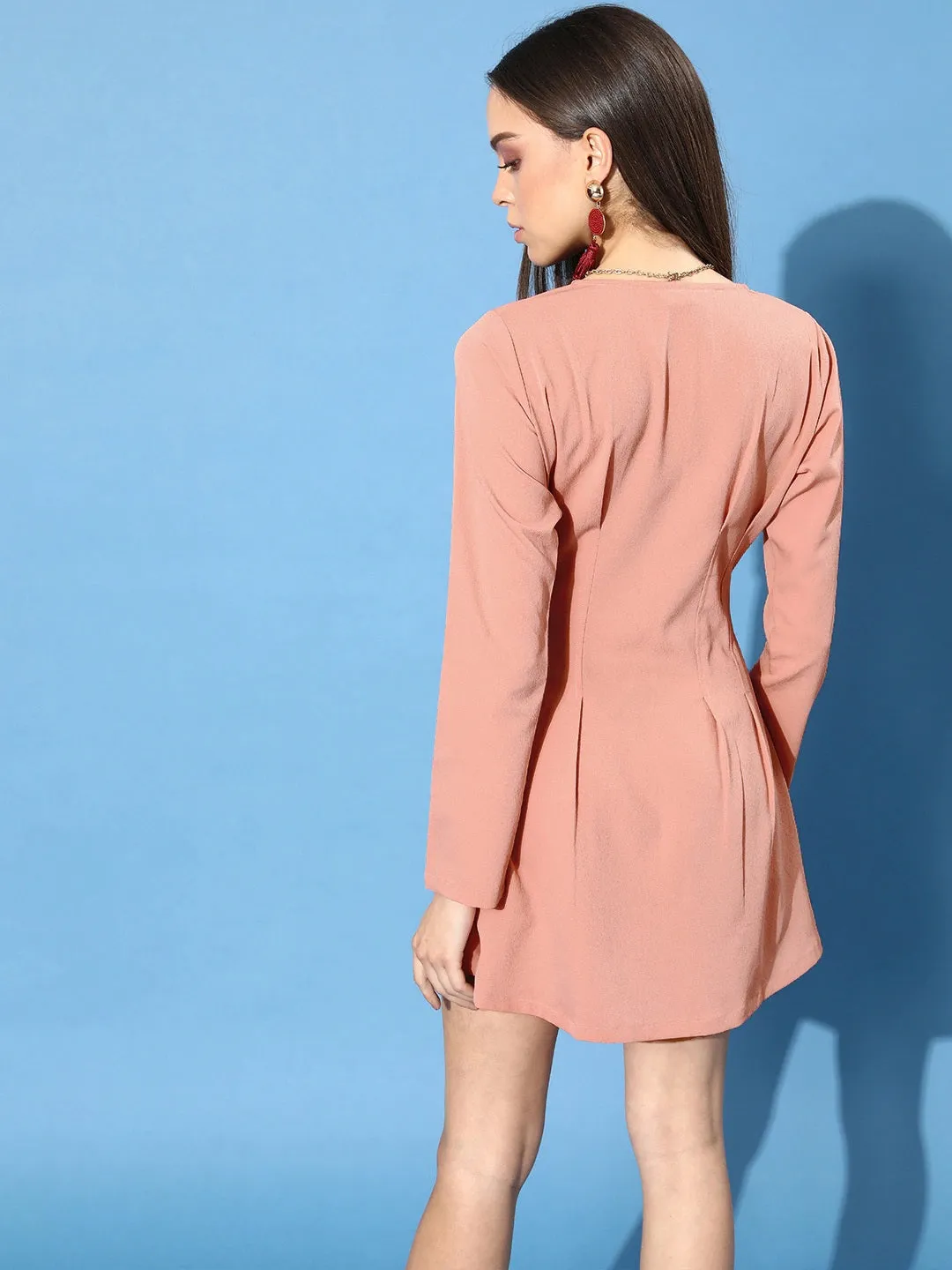 Berrylush Women Solid Peach Front Button Crepe Shirt Mini Dress