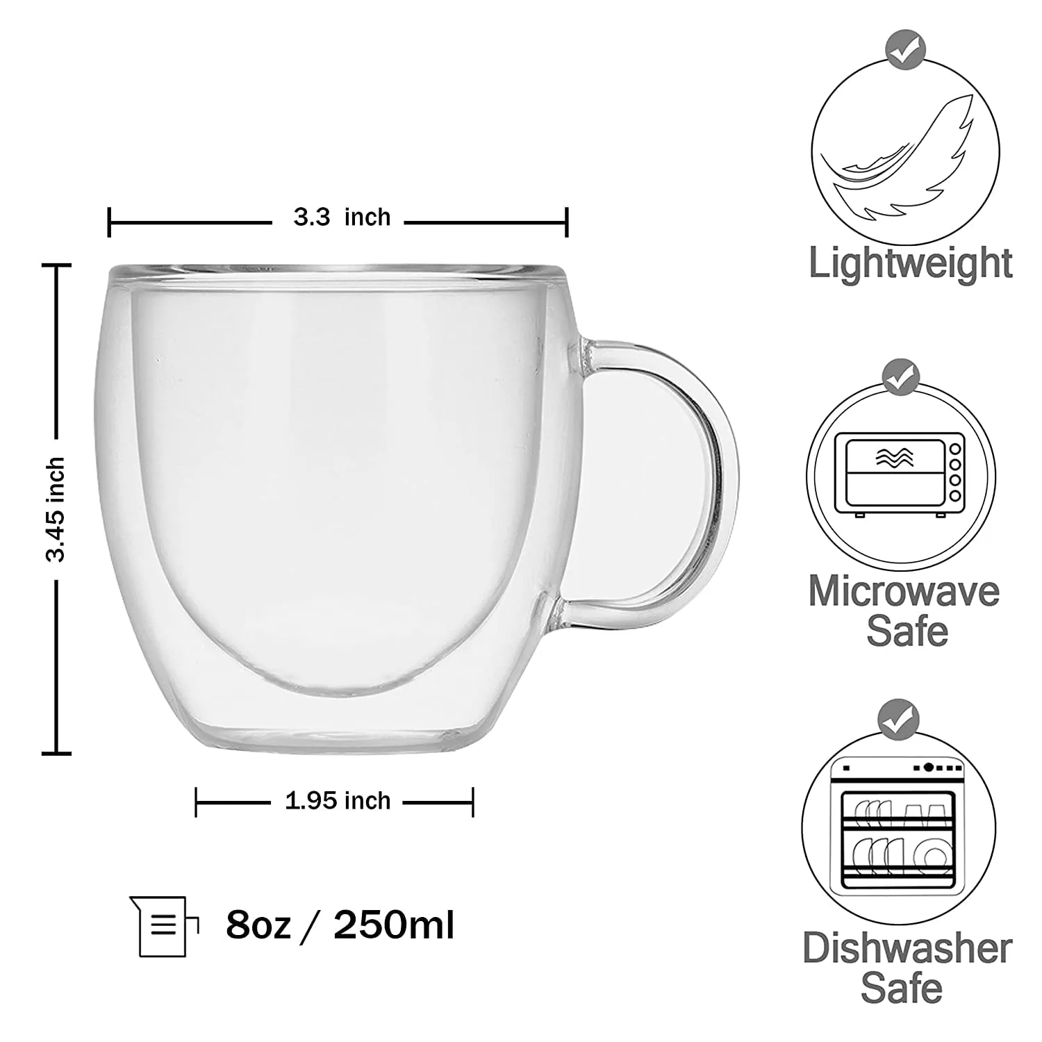 KHOLAD Double Walled Glass Coffee Mugs Set of 2, Clear Cup for Latte, Cappuccino, Espresso, Hot & Cold Beverages (250ml)