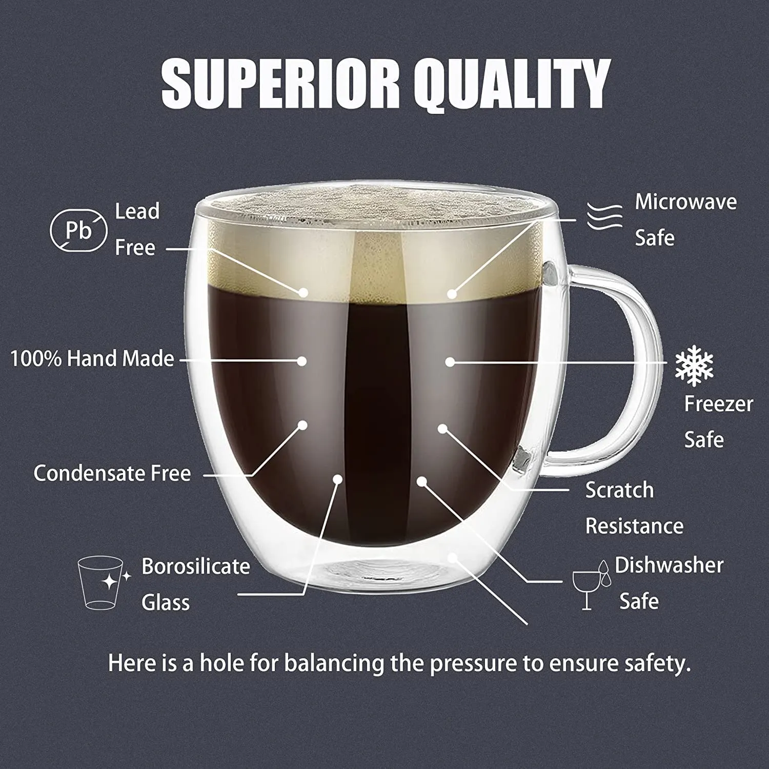 KHOLAD Double Walled Glass Coffee Mugs Set of 2, Clear Cup for Latte, Cappuccino, Espresso, Hot & Cold Beverages (250ml)