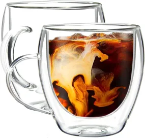 KHOLAD Double Walled Glass Coffee Mugs Set of 2, Clear Cup for Latte, Cappuccino, Espresso, Hot & Cold Beverages (250ml)