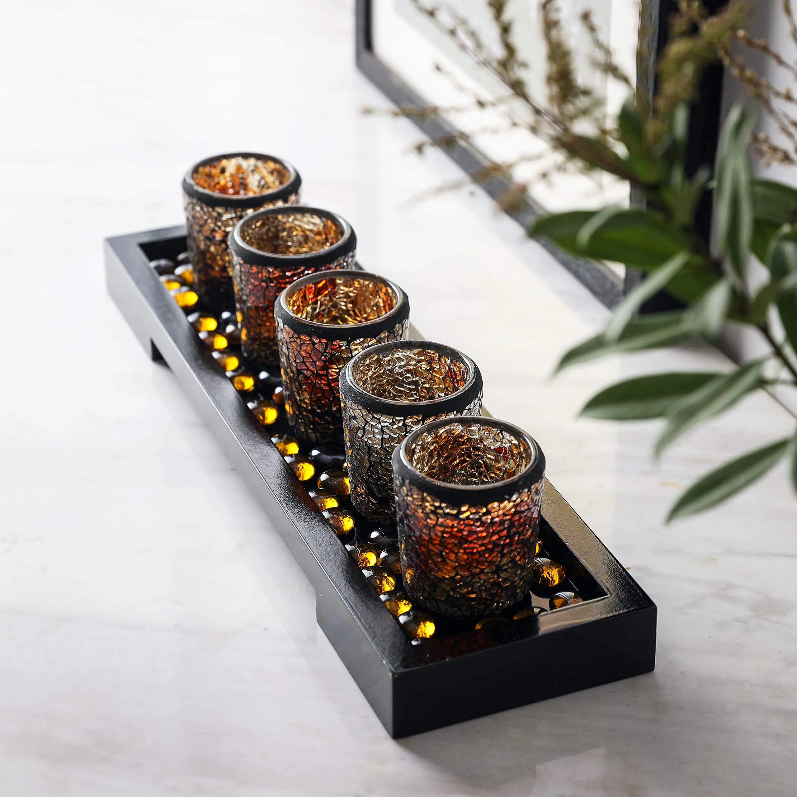 Mosaic Glass Candlescape Set16 Inch Long Decorative Wood Tray,5pcs Mosaic Tlight Holders