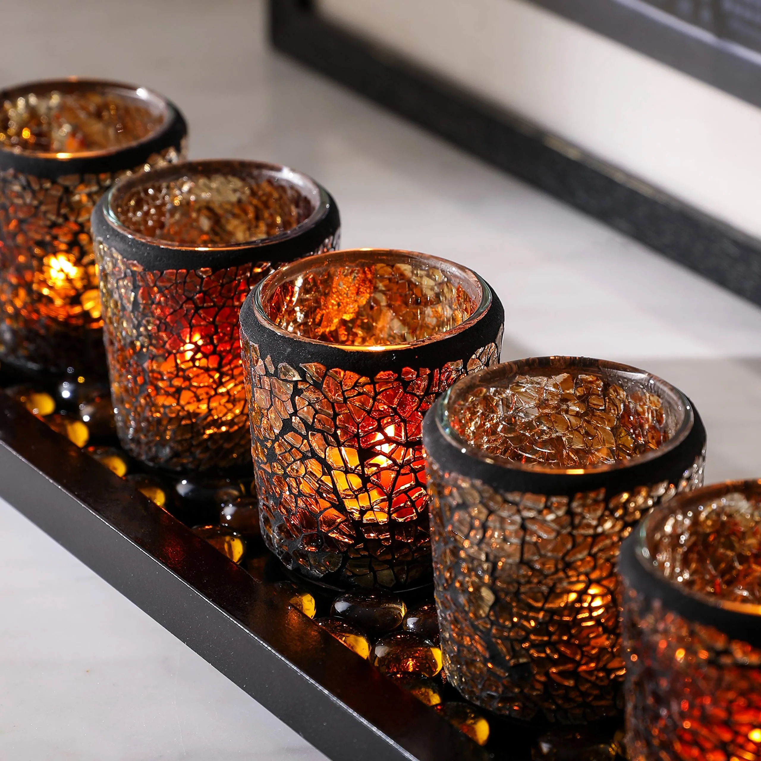 Mosaic Glass Candlescape Set16 Inch Long Decorative Wood Tray,5pcs Mosaic Tlight Holders