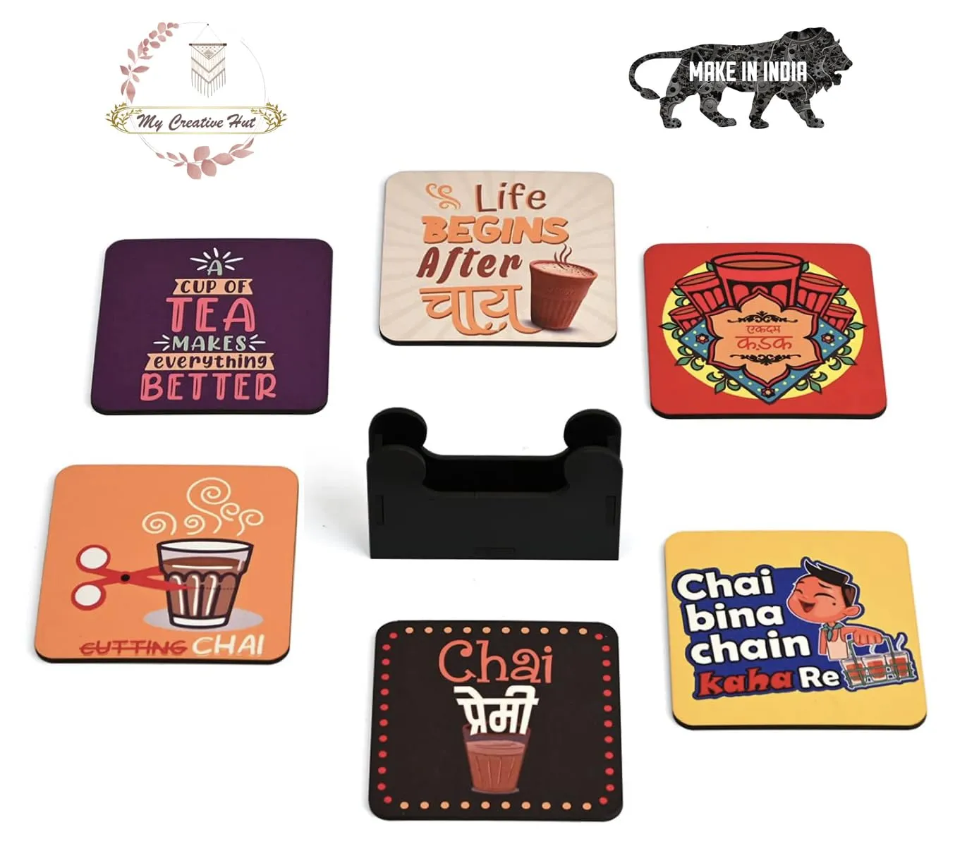 My Creative Hut Tea Coasters Set of 6, Beautiful Design with Stand for Tea Cups, Coffee Mugs, and Glasses, Ideal for Diwali Gifting (Chai Nukkad)