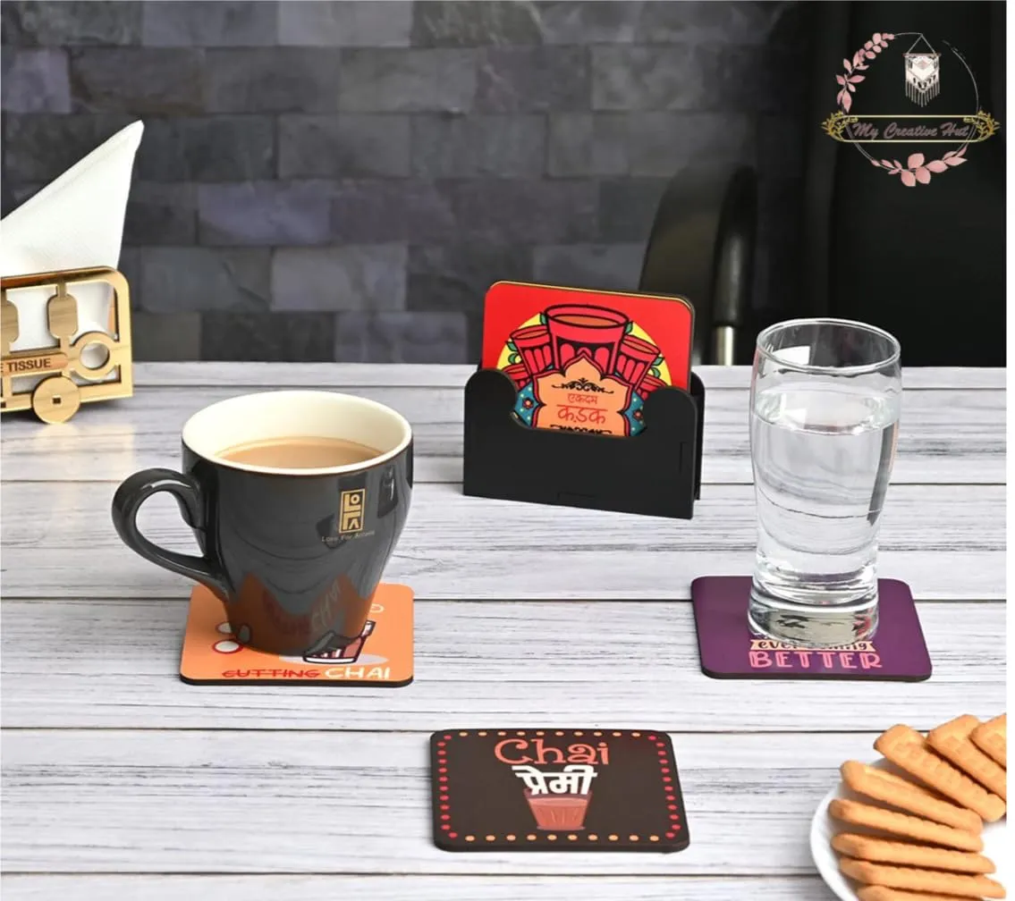 My Creative Hut Tea Coasters Set of 6, Beautiful Design with Stand for Tea Cups, Coffee Mugs, and Glasses, Ideal for Diwali Gifting (Chai Nukkad)