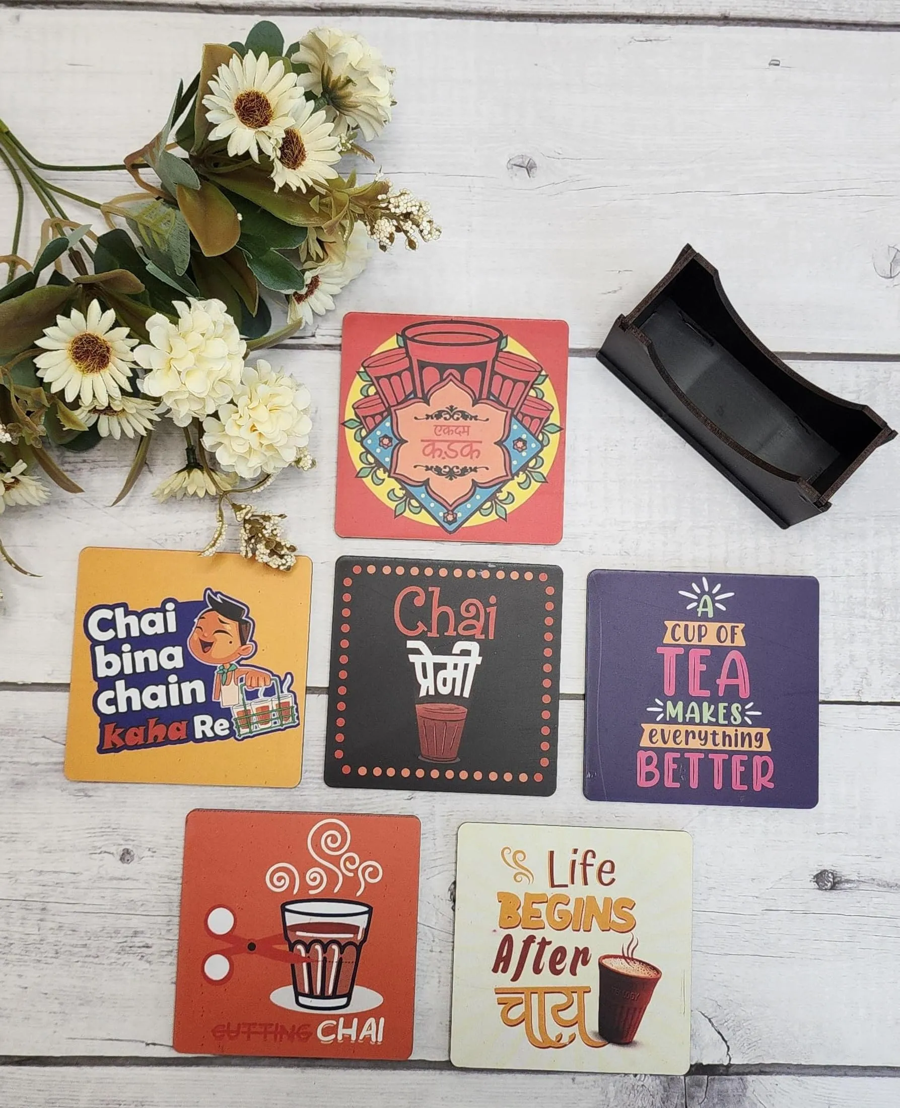 My Creative Hut Tea Coasters Set of 6, Beautiful Design with Stand for Tea Cups, Coffee Mugs, and Glasses, Ideal for Diwali Gifting (Chai Nukkad)