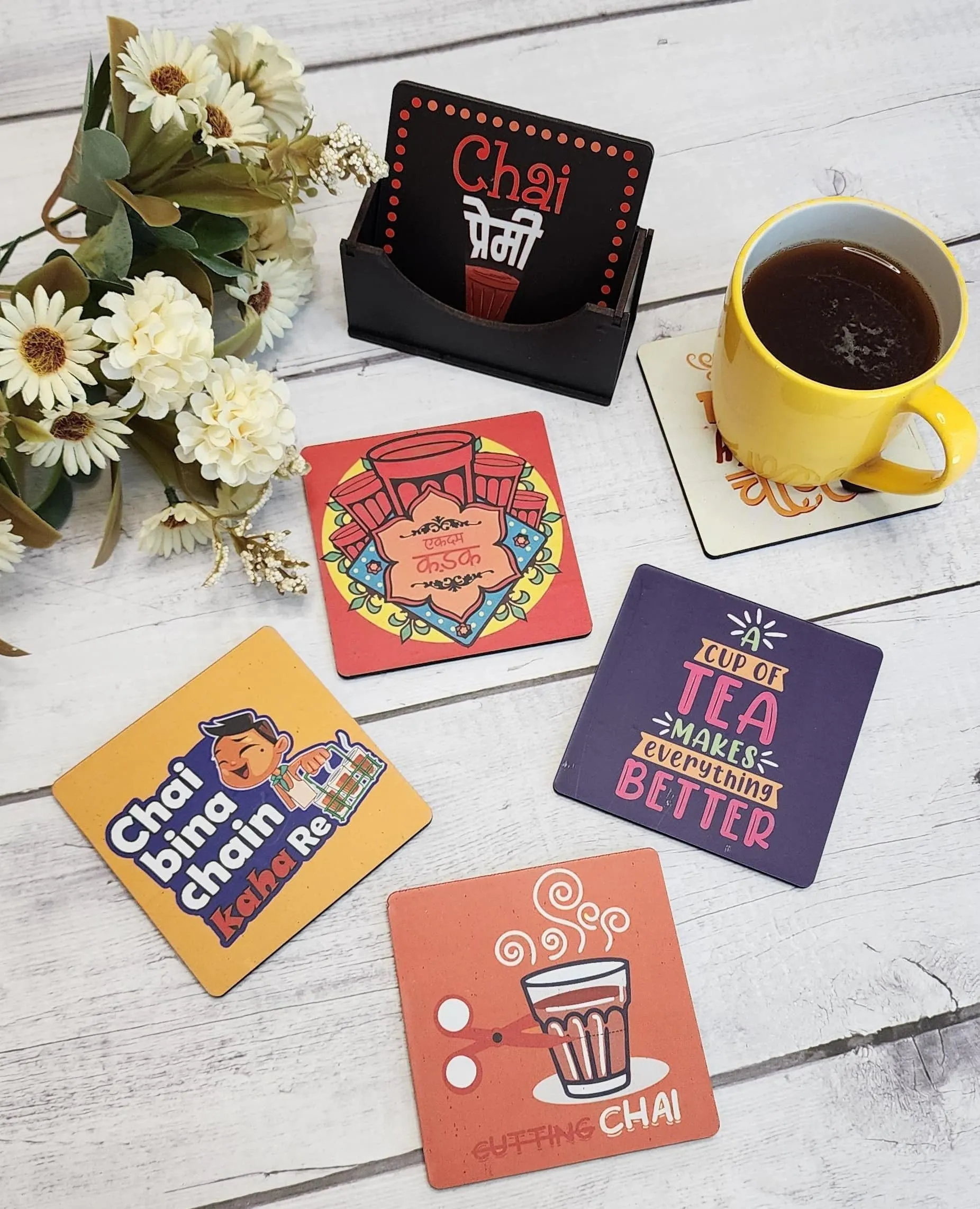 My Creative Hut Tea Coasters Set of 6, Beautiful Design with Stand for Tea Cups, Coffee Mugs, and Glasses, Ideal for Diwali Gifting (Chai Nukkad)