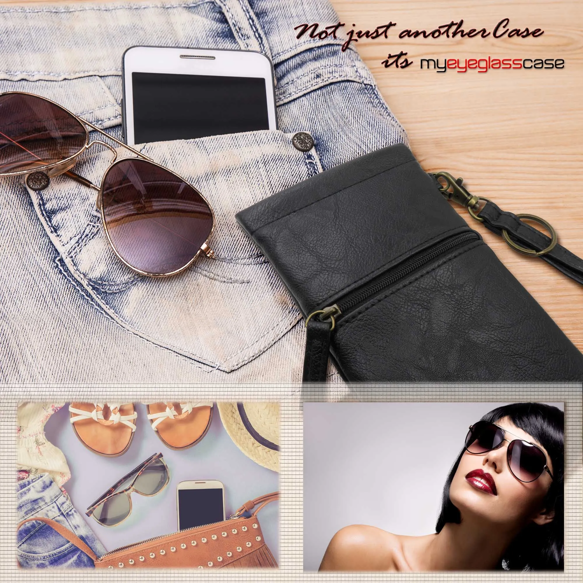 MyEyeglassCase Women soft sunglasses case squeeze top | soft wristlet lanyard | Passport Holder Smart phone Case (CT8W Black)