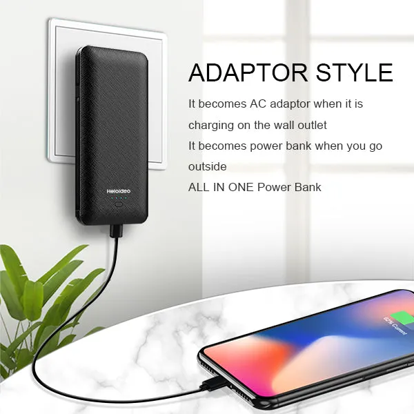 OEM customized portable charger 10000mAh best power bank with ac plug built-in iphone cable Micro cable Type-c cable for Android Heloideo PB147AC