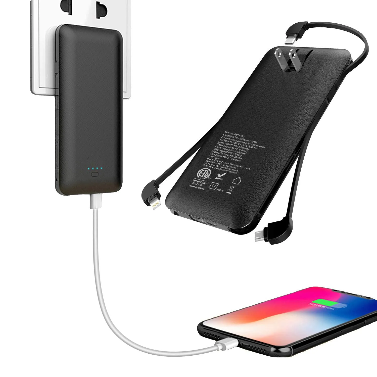 OEM customized portable charger 10000mAh best power bank with ac plug built-in iphone cable Micro cable Type-c cable for Android Heloideo PB147AC