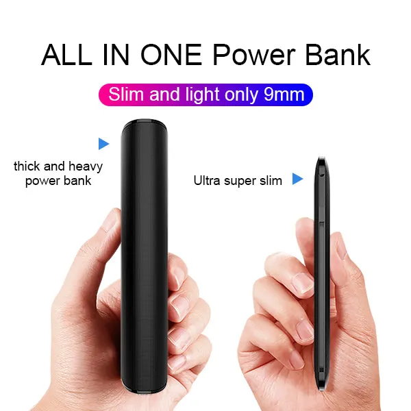 OEM customized portable charger 10000mAh best power bank with ac plug built-in iphone cable Micro cable Type-c cable for Android Heloideo PB147AC