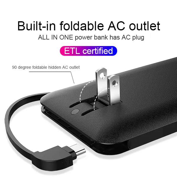 OEM customized portable charger 10000mAh best power bank with ac plug built-in iphone cable Micro cable Type-c cable for Android Heloideo PB147AC