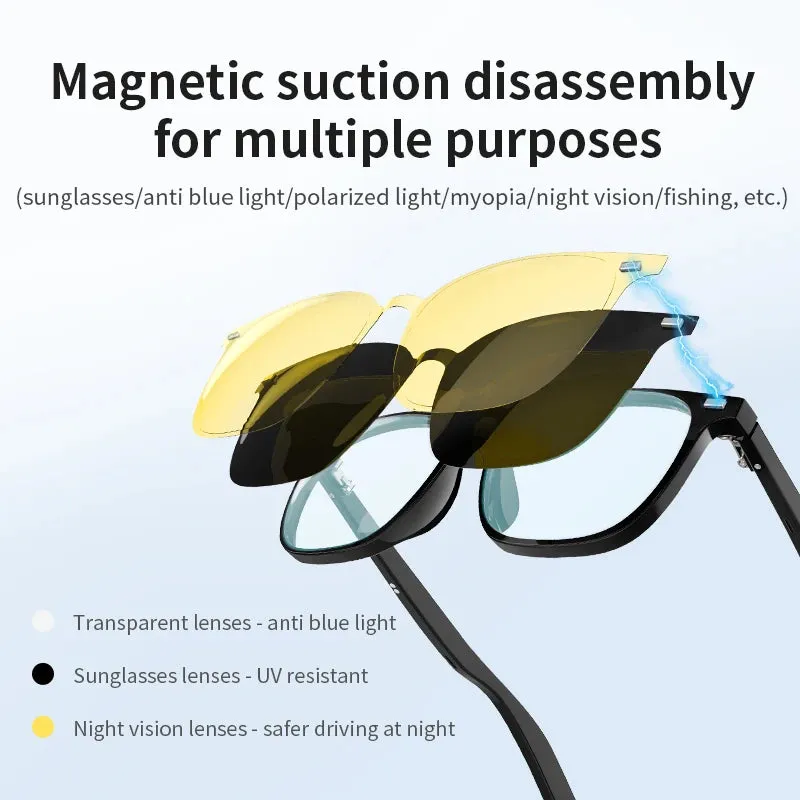 SZTZX Bluetooth Smart Magnet Clip On Prescription Glasses Men Voice Call Music Play Remote Control Camera Waterproof Sunglasses