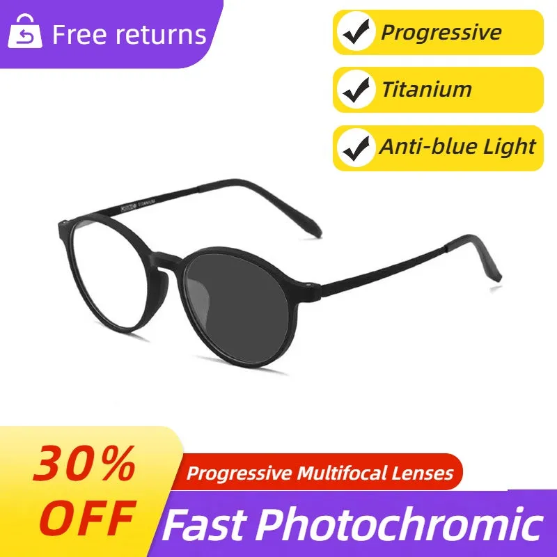 Ultra-light Titanium Transitional Anti-blue Photochromic Progressive Multifocal Round Frame Reading Glasses