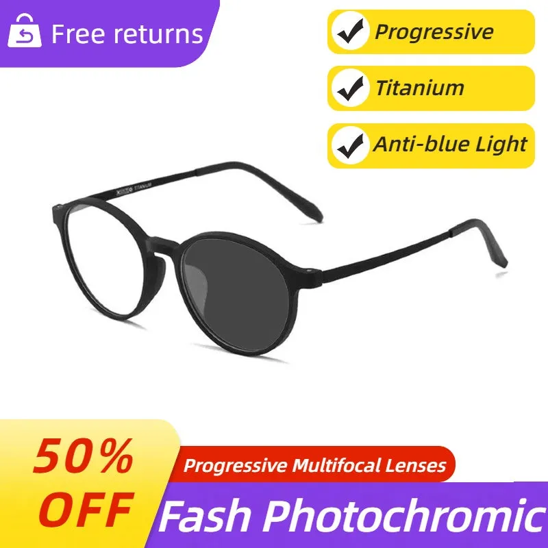 Ultra-light Titanium Transitional Anti-blue Photochromic Progressive Multifocal Round Frame Reading Glasses