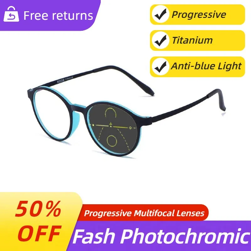 Ultra-light Titanium Transitional Anti-blue Photochromic Progressive Multifocal Round Frame Reading Glasses