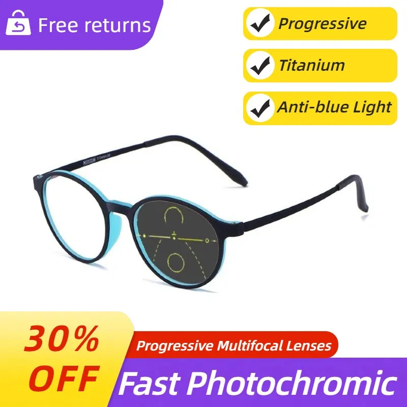 Ultra-light Titanium Transitional Anti-blue Photochromic Progressive Multifocal Round Frame Reading Glasses