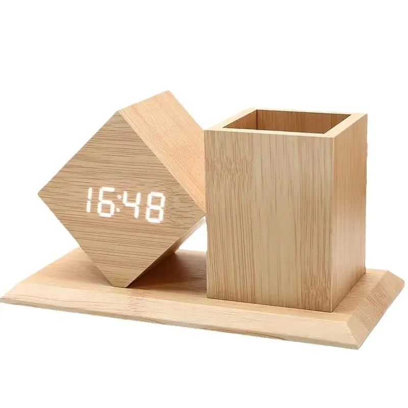 Wood Style Digital Clock with Holder(SA2405-229)-Beige(Red LED)